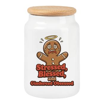 Bienheureuse stressée et amoureuse du pain d’épice - Boîte à biscuits avec couvercle en bois - blanc - Devant