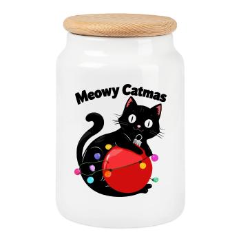 Meowy Catmas - Chat avec boule de Noël - Boîte à biscuits avec couvercle en bois - blanc - Devant