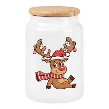Renne avec des lumières et une écharpe - Boîte à biscuits avec couvercle en bois - blanc - Devant