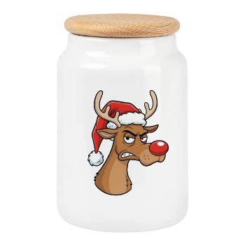 Grimmiges Rentier mit Santa Hut Cartoon - Keksdose mit Holzdeckel - Weiß - Vorne