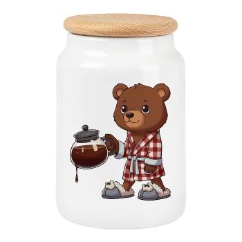 Funny Bear Coffee Lover in Plaid Robe - Cookie Jar with Wooden Lid - white - Front