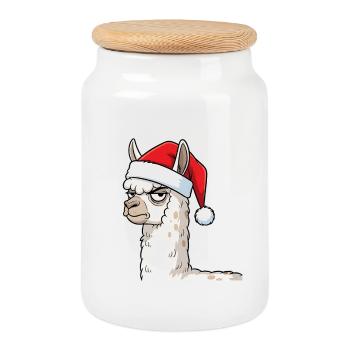 Festive Grumpy Llama Christmas Motif - Cookie Jar with Wooden Lid - white - Front
