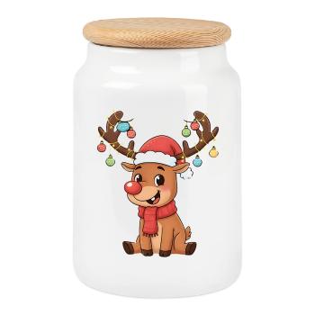 Ambiance mignonne de dessin animé de renne de Noël - Boîte à biscuits avec couvercle en bois - blanc - Devant