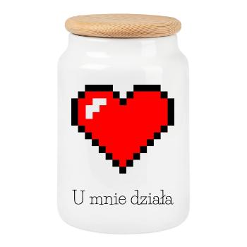 Pixelated red cheese on black background - Cookie Jar with Wooden Lid - white - Front