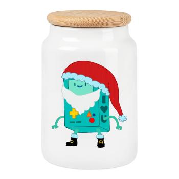 Console de jeu rétro avec un chapeau de Père Noël - Boîte à biscuits avec couvercle en bois - blanc - Devant