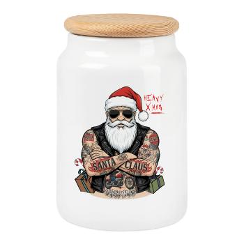 Christmas - Rocker-xmas Biker Dad - Santa Claus - Cookie Jar with Wooden Lid - white - Front