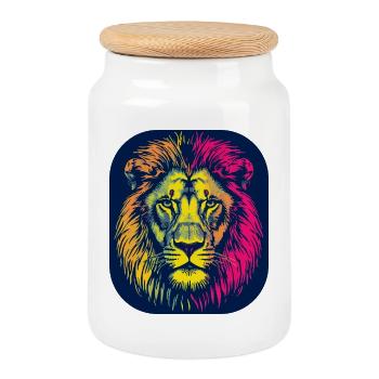 Pop Art en forme de tête de lion néon - Boîte à biscuits avec couvercle en bois - blanc - Devant
