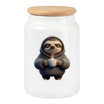Sloth Coffee Humor for Morning Grouches - Cookie Jar with Wooden Lid - white - Front