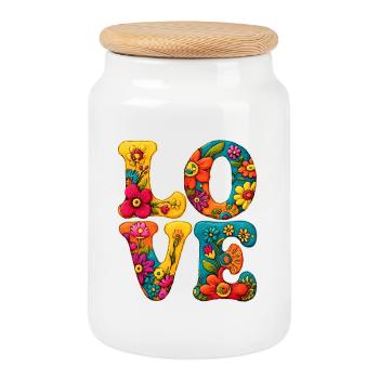 Flowers LOVE font motif - Cookie Jar with Wooden Lid - white - Front