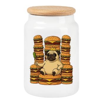 Funny Pug King Cheeseburger Cartoon Funny - Cookie Jar with Wooden Lid - white - Front