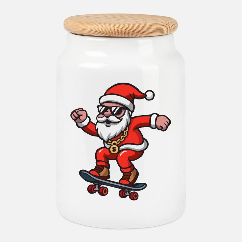 Santa Skating - Cookie Jar with Wooden Lid - white