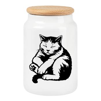 Silhouette du chat endormi - Boîte à biscuits avec couvercle en bois - blanc - Devant