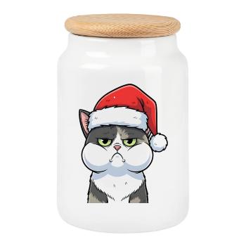 Annoyed Cat with Hat Christmas Cartoon - Cookie Jar with Wooden Lid - white - Front
