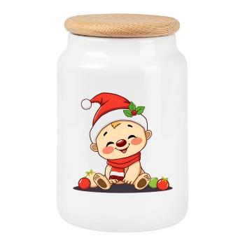 Funny Xmas baby in winter look - Cookie Jar with Wooden Lid - white - Front