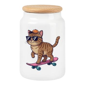 Lustige Katze, die auf Skateboard skatet, Cartoon-Skater - Keksdose mit Holzdeckel - Weiß - Vorne