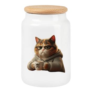Chat fatigué drôle avec tasse de café du matin - Boîte à biscuits avec couvercle en bois - blanc - Devant