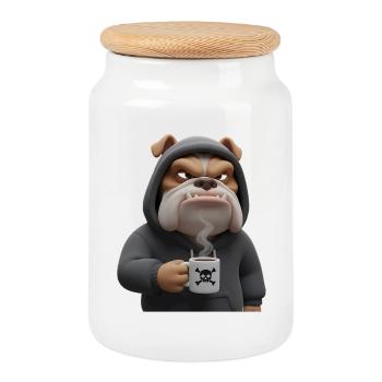 Grim Bulldog Coffee Cartoon Funny Dog - Cookie Jar with Wooden Lid - white - Front