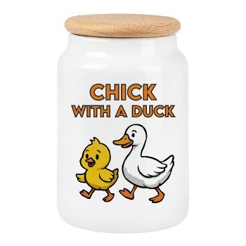 chick with a duck - Cookie Jar with Wooden Lid - white - Front