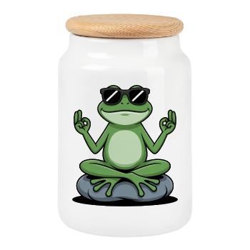 Zen frog with sunglasses - Cookie Jar with Wooden Lid - white - Front