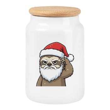 Christmas Sloth – Grummel Santa Look - Cookie Jar with Wooden Lid - white - Front