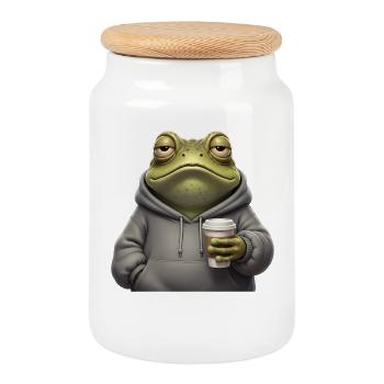 Tired frog coffee morning grouch - Cookie Jar with Wooden Lid - white - Front