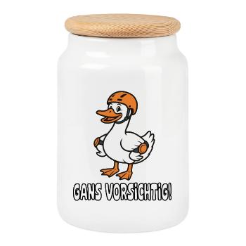 Goose with Helmet Goose Careful Cartoon - Cookie Jar with Wooden Lid - white - Front