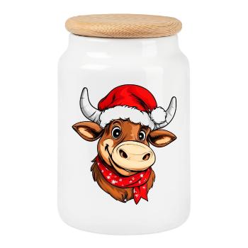 Taureaux de Noël - Boîte à biscuits avec couvercle en bois - blanc - Devant