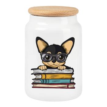 Mignon livre de lecture du chien chihuahua avec des lunettes - Boîte à biscuits avec couvercle en bois - blanc - Devant