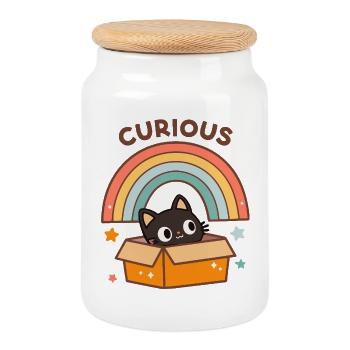 Chat Curieux en Carton Arc en Ciel - Boîte à biscuits avec couvercle en bois - blanc - Devant