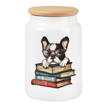 Cute Boston Terrier Dog Reading Book with Glasses - Cookie Jar with Wooden Lid - white - Front
