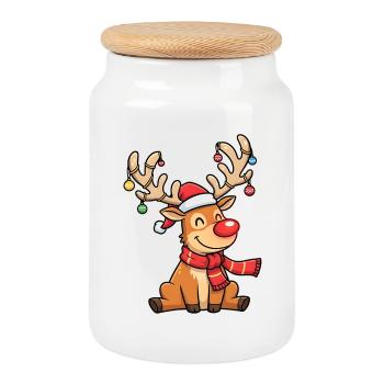 Lustiges Weihnachtsrentier mit Schal und Deko - Keksdose mit Holzdeckel - Weiß - Vorne