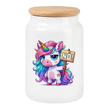 Regenbogen-Einhorn mit Nein-Schild - Keksdose mit Holzdeckel - Weiß - Vorne