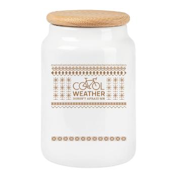 Jacquard Pattern Cycling for Winter - Cookie Jar with Wooden Lid - white - Front