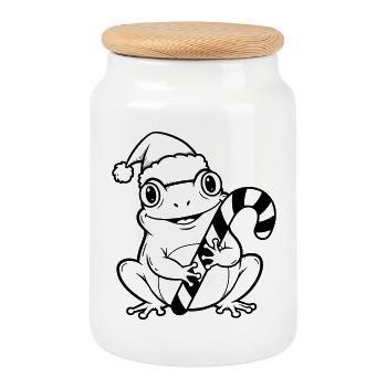 Christmas frog with candy cane - Cookie Jar with Wooden Lid - white - Front