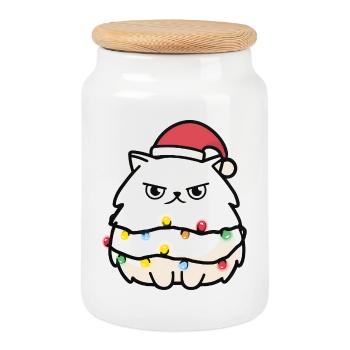 Cuddly kitten with fairy lights - Cookie Jar with Wooden Lid - white - Front