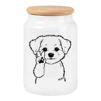 Le chien mignon fait le signe de paix avec sa patte - Boîte à biscuits avec couvercle en bois - blanc - Devant