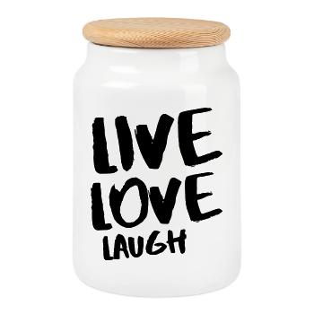 Live Love Laugh – Handgezeichneter Pinsel Schwarz - Keksdose mit Holzdeckel - Weiß - Vorne