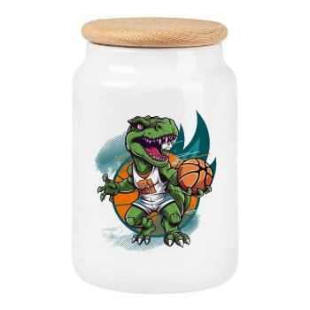 Basketball Dinosaur T-Rex Basketball Player - Cookie Jar with Wooden Lid - white - Front