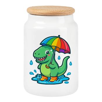 Dino with colorful rainbow umbrella - Cookie Jar with Wooden Lid - white - Front