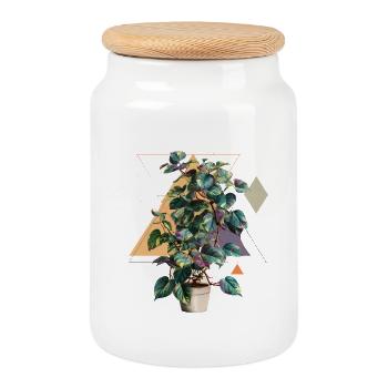 Philodendron Variegata – Geometrisches Pop Art - Keksdose mit Holzdeckel - Weiß - Vorne