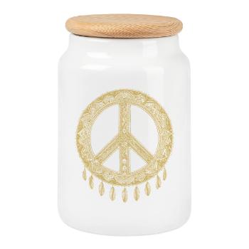 Boho Peace Sign with Feathers in Gold Look - Cookie Jar with Wooden Lid - white - Front