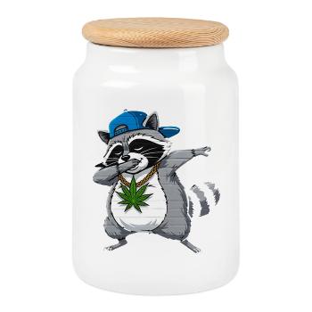 Dabbing Raccoon Cartoon Style Hip-Hop - Cookie Jar with Wooden Lid - white - Front