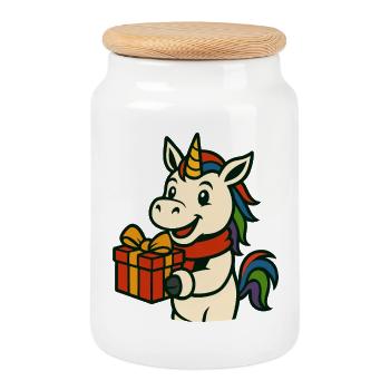 Einhorn präsentiert niedliche, festliche Weihnachtskunst - Keksdose mit Holzdeckel - Weiß - Vorne