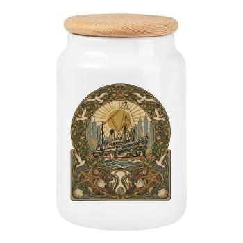 Paquebot nautique dans un cadre Art nouveau - Boîte à biscuits avec couvercle en bois - blanc - Devant