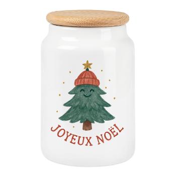 Frohe Weihnachtsbaum mit rotem Hut - Keksdose mit Holzdeckel - Weiß - Vorne