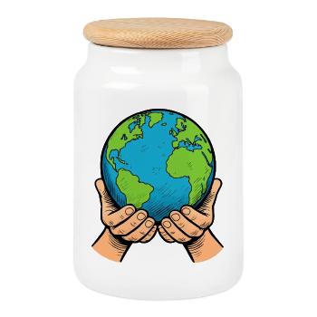 Hands Holding Earth – Global Care - Cookie Jar with Wooden Lid - white - Front