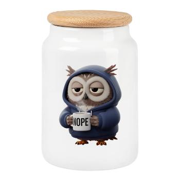 Morgenmuffel Eule mit Tasse im Cozy Hoodie - Keksdose mit Holzdeckel - Weiß - Vorne