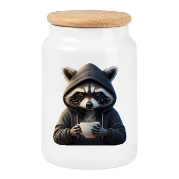 Grim Coffee Raccoon in Hoodie Artwork - Cookie Jar with Wooden Lid - white - Front