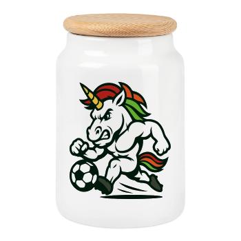 Unicorn Soccer Maskottchen stürmt nach vorne - Keksdose mit Holzdeckel - Weiß - Vorne