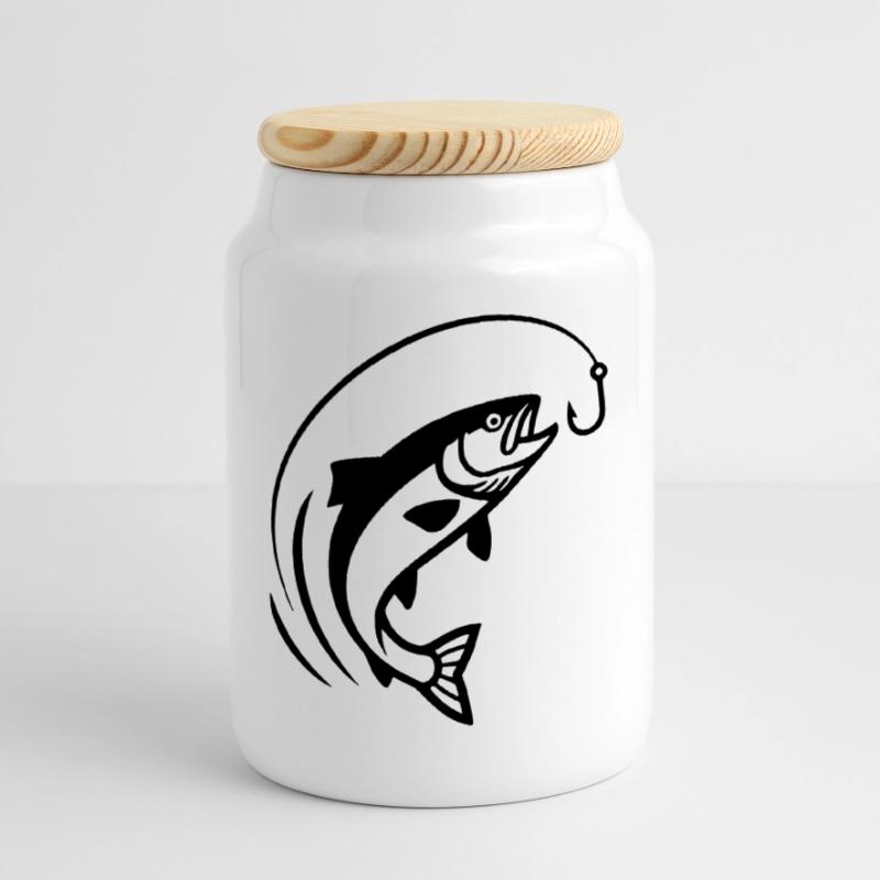 Jumping Fish Hook Bite Action Cookie Jar with Wooden Lid